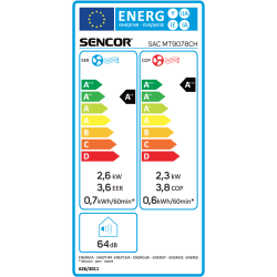 Energijska nalepka za klimatsko napravo Sencor SAC MT9078CH z energijskim razredom A++ za hlajenje in A+++ za ogrevanje, hladilno močjo 2,6 kW, grelno močjo 2,3 kW ter glasnostjo 64 dB.