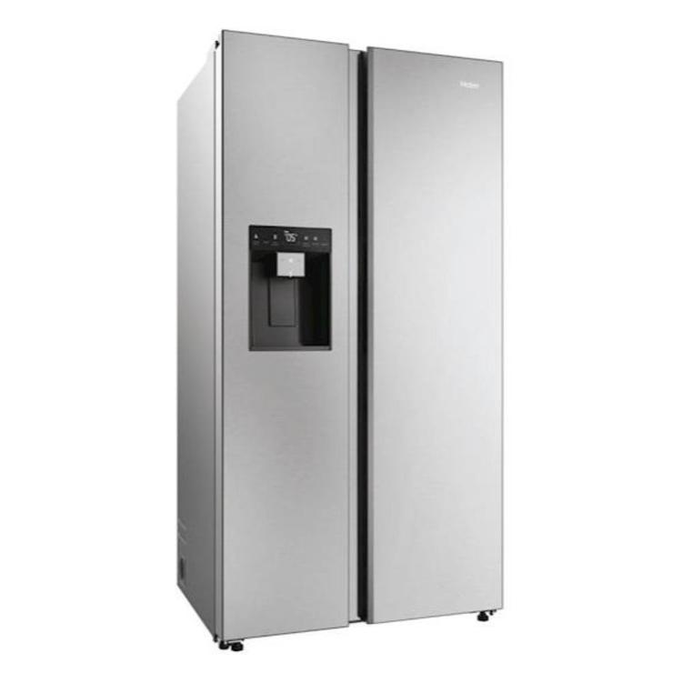 Haier Side-by-Side hladilnik HSW59F18EIMM v inox izvedbi z dvema navpičnima vratoma, zunanjim dozirnikom za vodo in led ter digitalnim upravljalnim zaslonom