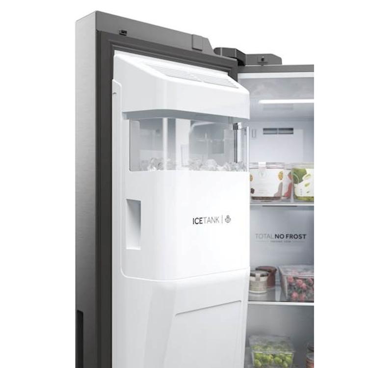 Ice Tank sistem za izdelavo in shranjevanje ledu v hladilniku Haier HSW59F18EIMM z integrirano posodo za ledene kocke, nameščeno na notranji strani vrat zamrzovalnega dela za priročen dostop do ledu in učinkovito izrabo prostora.