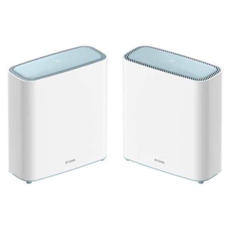 Komplet dveh D‑Link Eagle Pro AI Wi‑Fi 6 Mesh enot za razširitev brezžičnega omrežja po domu.