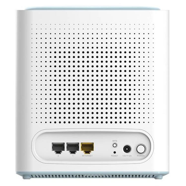 Zadnja stran D-Link Eagle Pro AI Wi‑Fi 6 Mesh usmerjevalnika z Ethernet priključki, gumbom WPS in napajalnim vhodom.