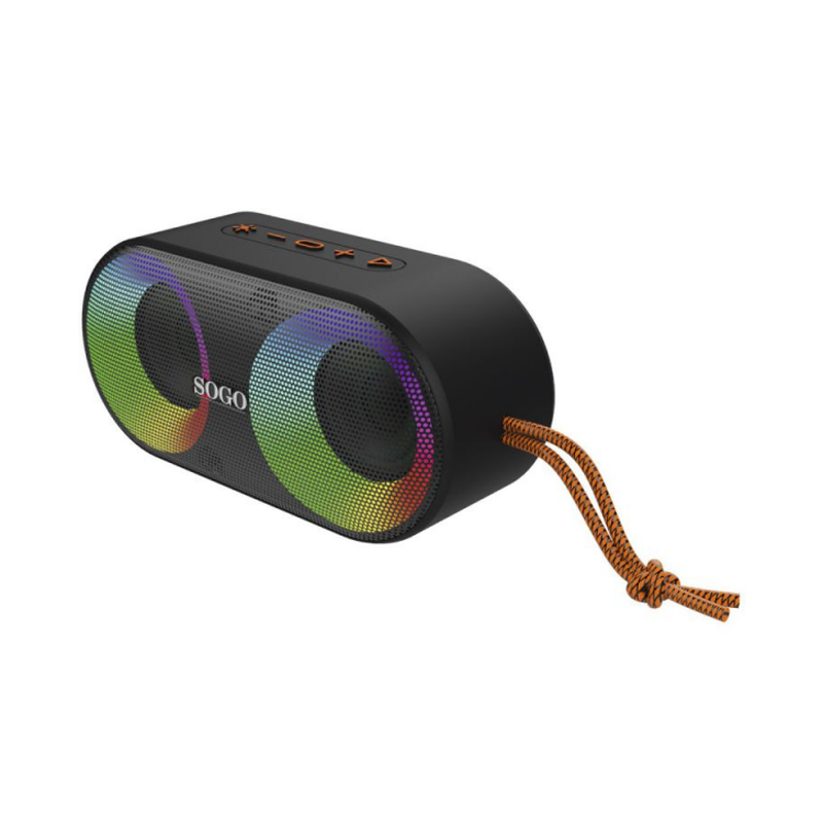 Prenosni zvočnik Sogo črne barve z mrežasto sprednjo stranjo in barvnimi LED osvetljenimi obroči okoli zvočnikov
