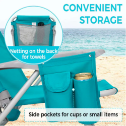 Detajl plažnega stola s hrbtnim mrežastim žepom in stranskimi žepi za pijačo ter dodatke.