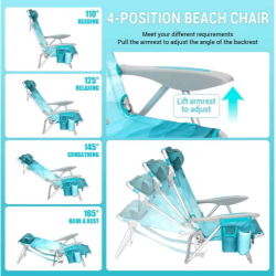 Plažni stol s štirimi nastavljivimi položaji naslonjala, prikaz različnih kotov sedenja in ležanja.