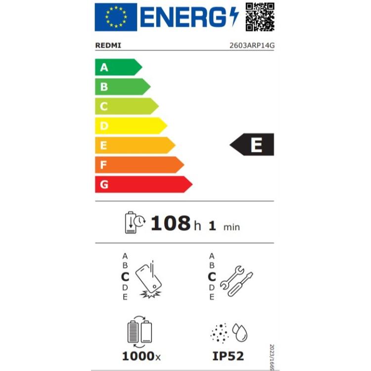 Energetska nalepka Xiaomi Redmi, razred E, avtonomija 108 h 1 min, zaščita IP52 in 1000 ciklov polnjenja.