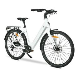 MS Energy Zoya e-kolo, belo, urbano okolje ob reki, nizka rama, prtljažnik, blatniki, disk zavore.