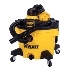 DeWalt mokro‑suhi industrijski sesalnik v rumeno‑črni barvi z navito sesalno cevjo, električnim kablom in štirimi vrtljivimi kolesi za enostavno premikanje