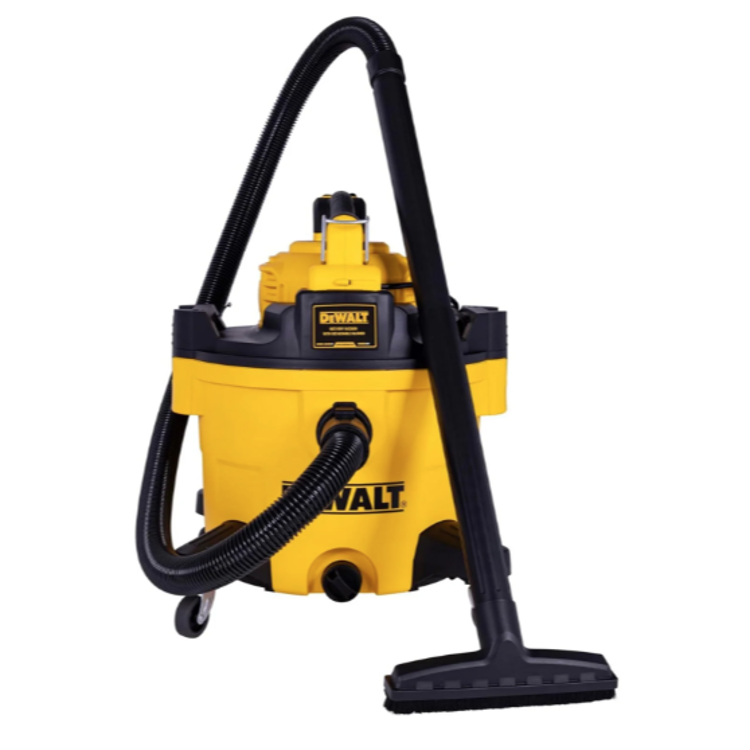 DeWalt mokro‑suhi industrijski sesalnik s priključeno sesalno cevjo, podaljševalno cevjo in talnim nastavkom za učinkovito čiščenje prahu, umazanije in tekočin